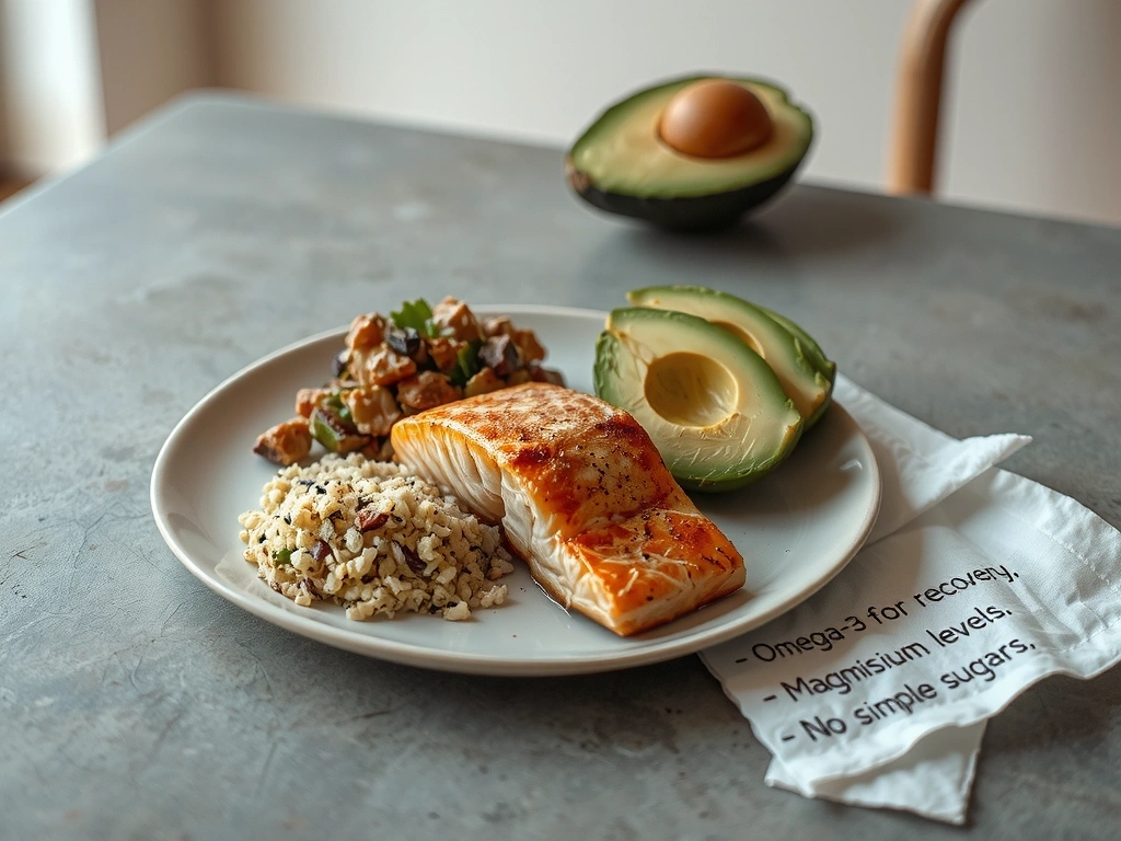 Detailní pohled na talíř s jídlem a ručně psanými poznámkami o výživových hodnotách